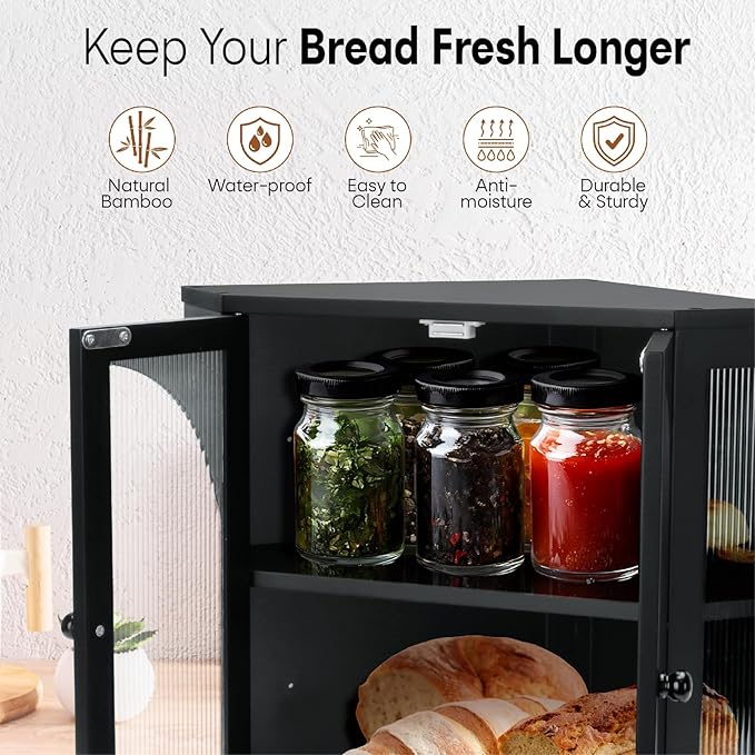 Corner Bread Box for Kitchen Countertop,Double Layer Bread Holder | 3 Adjustable Height, Large Capacity, Magnetic Acrylic Door, Bamboo Bread Storage Container for Homemade Bread, Black