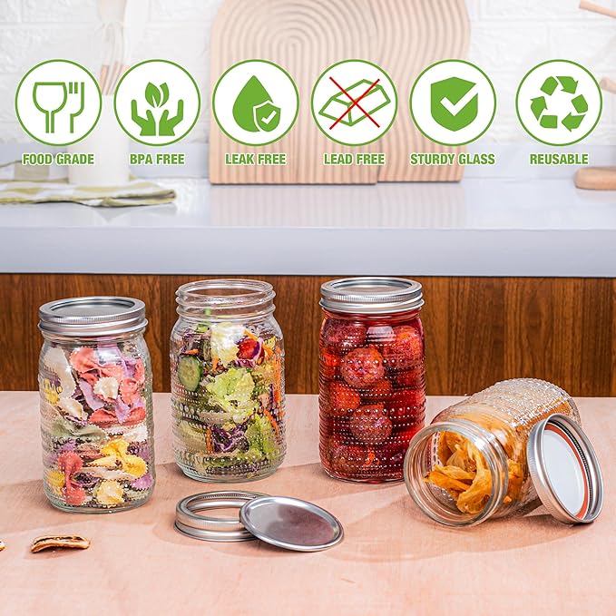 WACOI Mason Jars 32 Oz with Lids Wide Mouth 4 Pack, Glass Jars Canning Jars Large for Centerpieces Pickling Storage Food Meal Prep Salad Jam