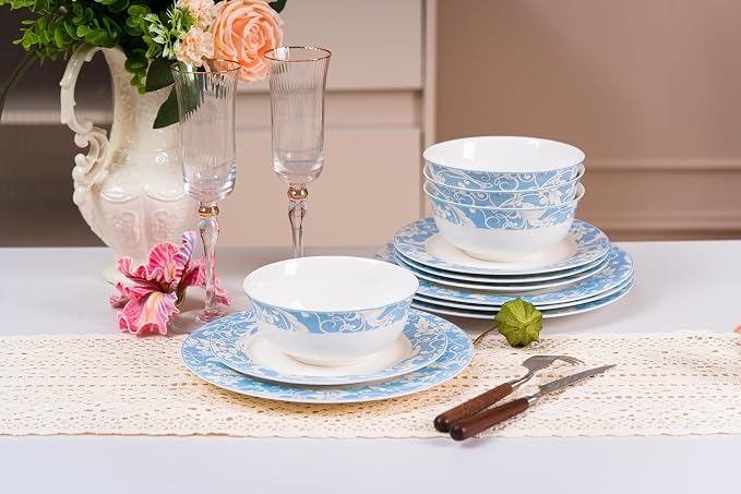 FHGNYSM 12-Piece Porelain Dinnerware Set, Light Blue | 12-Piece Plates and Bowels set, Vitage Scroll Pattern, Elegant Classic Kitchen Dish Set for Wedding, Party & Everyday Use