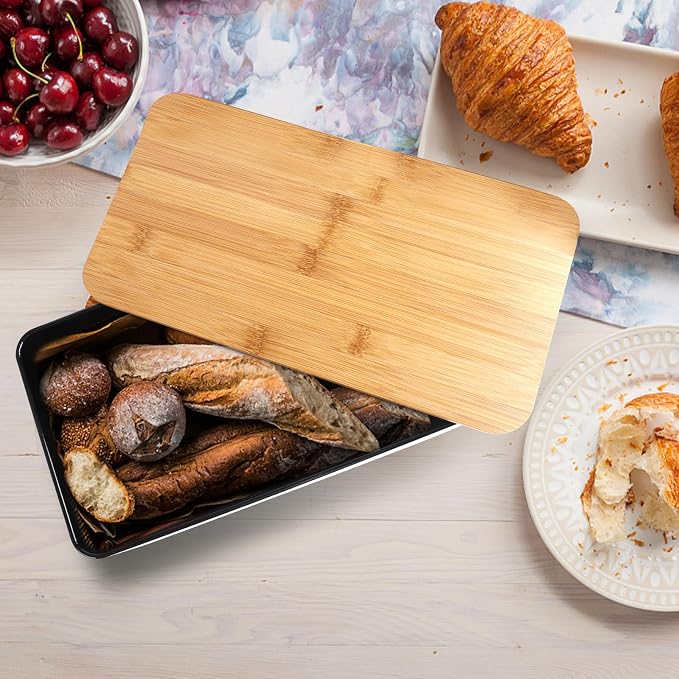 JIGUOOR Black Bread Box, Extra Large Space Saving Vertical Metal Bread Box | with Wooden Cutting Board Lid, Holds 3 Loaves, Farmhouse Kitchen Bread Storage, Kitchen Parts Box 12.99" x 7.08" x 7.08"