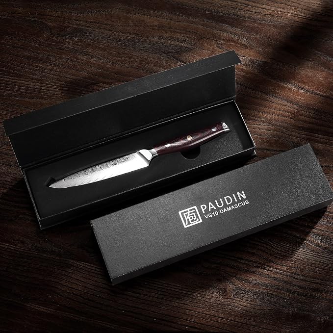 PAUDIN Utility Knife, 5 Inch Damascus Chef Knife | Damascus VG10 Steel with Ergonomic Wood Handle, Ultra Sharp Blade for Meat, Fruit & Vegetables, Gift Box