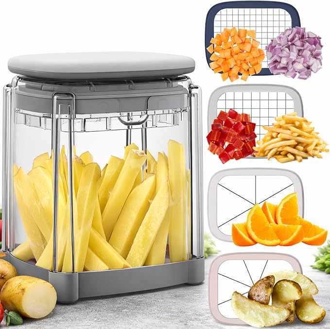 Brieftons PerfectCut Vegetable Chopper: Manual Push-Down Food Dicer & Chop Box, 4 Blades, French Fry Cutter, Potato Wedge & Veggie Cutter, No Electricity, 3.5-Cup Catch Container, 5 Recipe eBooks