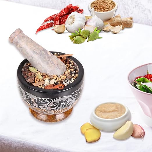 Mortar and Pestle, Made of Heavy Duty Polished Hard Stone, Natural Stone Grinder for Spices, Pastes, Herbs, Seasoning etc. (Black & Yellow)