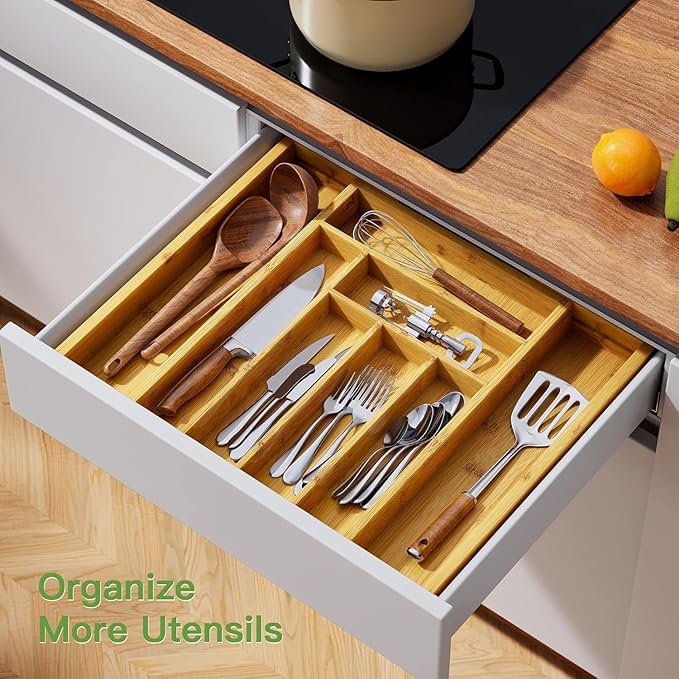 Pipishell Bamboo Expandable Silverware Drawer Organizer, Adjustable Kitchen Utensil Tray for Forks, Spoons and Knives, Wood Storage Cutlery Holder for Bedroom and Living Room