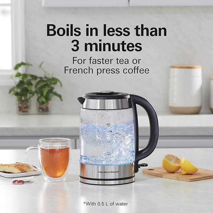 Hamilton Beach 1.8 Liter Electric Tea Kettle, Water Boiler & Heater | Fast Boiling 1500 Watts | BPA Free | Cordless Serving | Auto-Shutoff & Boil-Dry Protection | Blue LED | Clear Glass