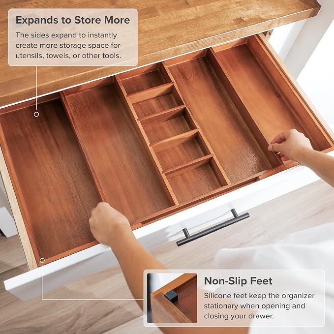 Utensil & Junk Drawer Organizer, 18.5-33 in, Acacia | Food-safe contract grade, 100% sustainable wood, non-slip, adjustable