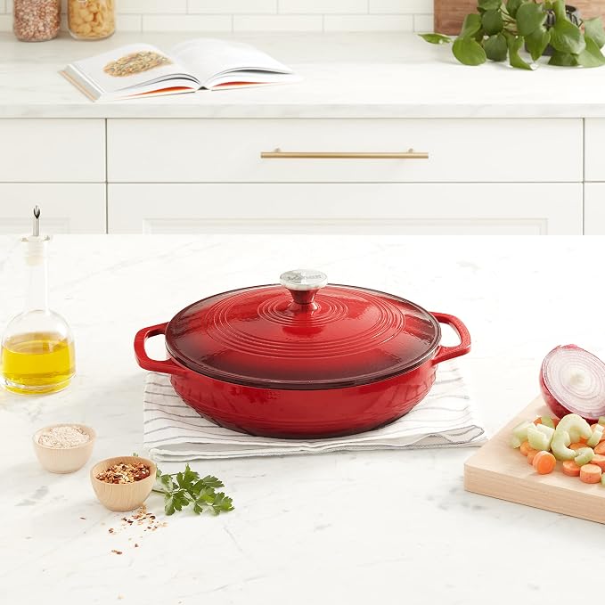 Lodge Essential Enamel Braiser 3.5 Quart - Refrigerator- & Oven-Safe up to 500° F - Heat-Retaining, Induction-Safe & PFAS-Free Enamel Cookware - Island Spice Red