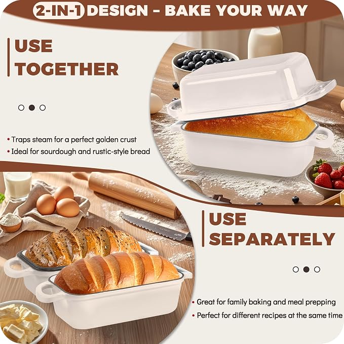 Cast Iron Loaf Pan with Lid, 9x5 Loaf Pans for Homemade Bread | Cast Iron Bread Pan for Sourdough Baking, 9x5 Loaf Pan with 2-In-1 Design, Even Heat Distribution, Cream Enameled