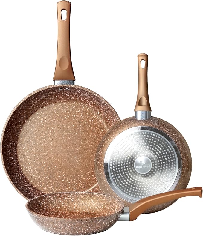 Innerwell Nonstick Ceramic Frying Pans Skillets Set 8"+9.5"+11" | No Toxic Egg Omelette Frying Pan Set, All Stove Compatible, Healthy Granite Induction Cooking Pan, PFOA & PFAS Free