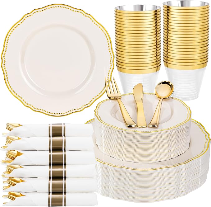 175 Pcs Ivory Gold Plastic Plates Wedding & Party | Gold Plastic Dinnerware Set Includes 25 Dinner Plates, 25 Dessert Dinnerware, 25 Cups, 25 Napkins Perfect