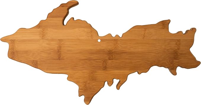 Totally Bamboo Upper Peninsula Shaped Bamboo Serving and Cutting Board | Upper Peninsula-shaped charcuterie board with bamboo grain. Knife-friendly surface for food prep. Hang tie for wall display.