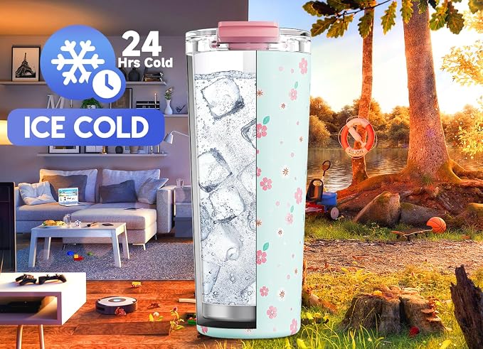 Meoky 24 oz Insulated Travel Coffee Mug: Leak Proof Lid, Mint Petal | Stainless Steel Coffee Tumbler, Keeps Hot for 8 Hours or Cold for 24 Hours, Fits in Car Cup Holder, BPA Free