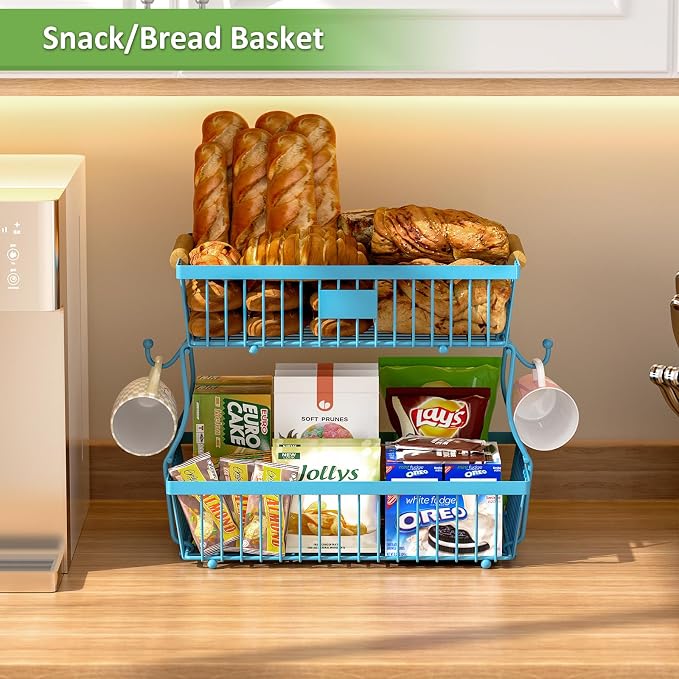 2 Tier Fruit Basket for Kitchen Counter with 2 Banana Hangers, Countertop Metal Bread Basket with Wooden Handle, Large Storage Stand for Vegetables, Snacks, Eggs, Produce Storage – Blue