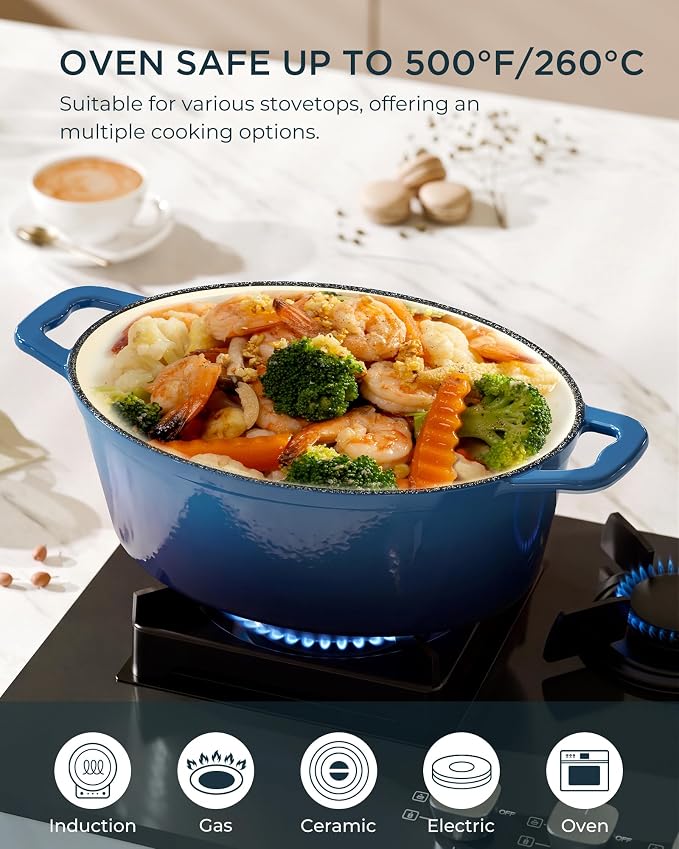 Enameled Cast Iron Dutch Oven - 9.3QT Dutch Oven Pot with Lid & Cotton Potholders - Heavy-Duty Non Stick Casserole Pot for Braising, Stews, Roasting, Baking, Suitable for All Stovetops, Navy Blue