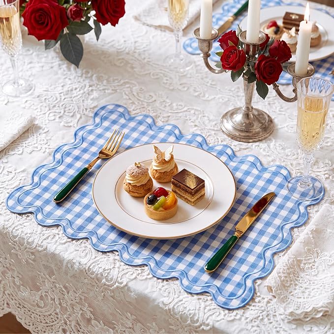 Linen Placemats Set of 12 Scalloped Placemat 13 X19 Wavy Embroidery Double Layered Washable Farmhouse Dinner Fabric Table Mat Napkin for Wedding Party Restaurant(Plaid,Sky Blue)
