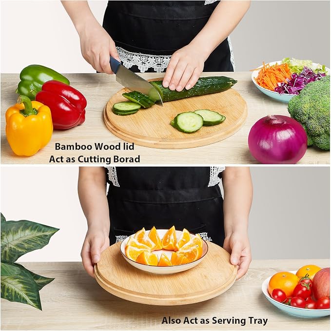 12.6" Extra Large Salad Serving Bowl Set with Wooden Lid&Utensils, 8.4Qt., Bamboo Fiber Salad Bowl with Servers for Kitchen, Big Bowl for Mixing Salad,Fruit,Pasta (Matte Black)