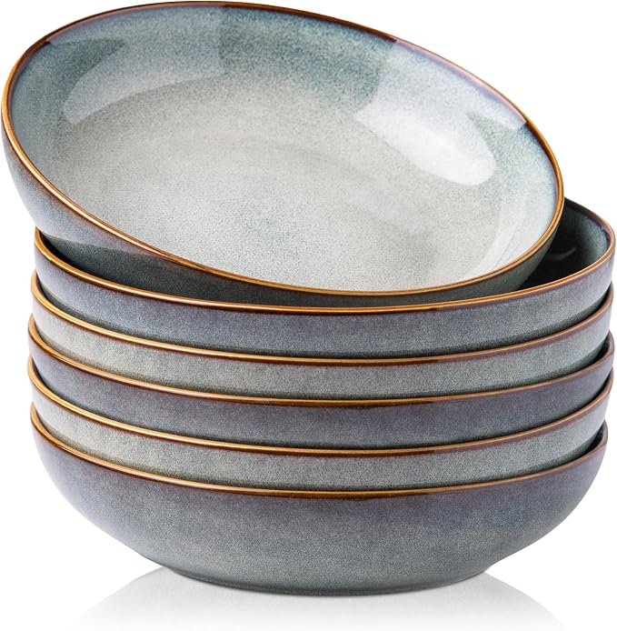 AmorArc 8.5’’ Ceramic Pasta Bowls Set of 6, 36oz Large Stoneware Bowls Set | Large Dinner Serving Bowls Set, Wide Bowl Plate for Pasta,Salad, Soup, Microwave Safe, Reactive Glaze-Ocean Blue