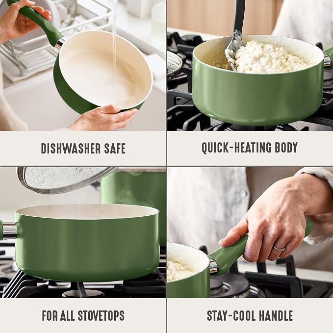 GreenLife 2QT Ceramic Nonstick Saucepan with Lid, Sage Green | PFAS-Free Ceramic Nonstick Coating, Soup Pot, Induction Ready, All Stovetop Compatible, Stay-Cool Handles, Dishwasher Safe