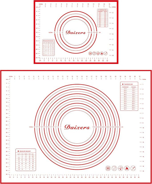 Silicone Baking Mats Set of 2,Extra Large 31.5" x 24" Small 16" x 12" Non Stick Non Skid Pastry-Mat with Measurements (Red)