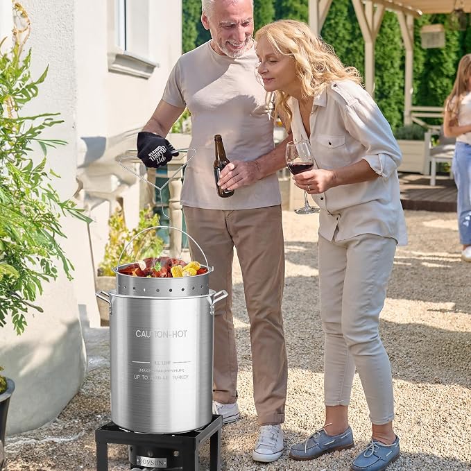 Bonnlo 30QT Aluminum Stock Pot for Boiling Seafood, Crawfish & Crab, Frying Turkey & Steaming Tamales, Large Boil Pot with Strainer Basket, Lid, Lifting Hook & Steamer Rack for Outdoor Cooking