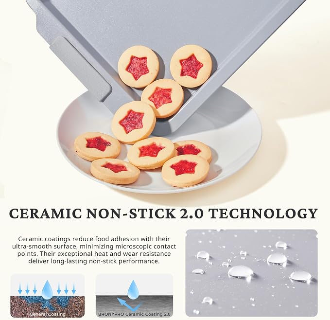 BRONYPRO Non Stick Ceramic Baking Sheet Pan Set of 3, Non Toxic Cookie Sheets (PFOA/PTFE Free), Aluminized Steel Oven Trays with Silicone Handles, Rust-Resistant, Warp-Resistant to 500°F, Light Gray