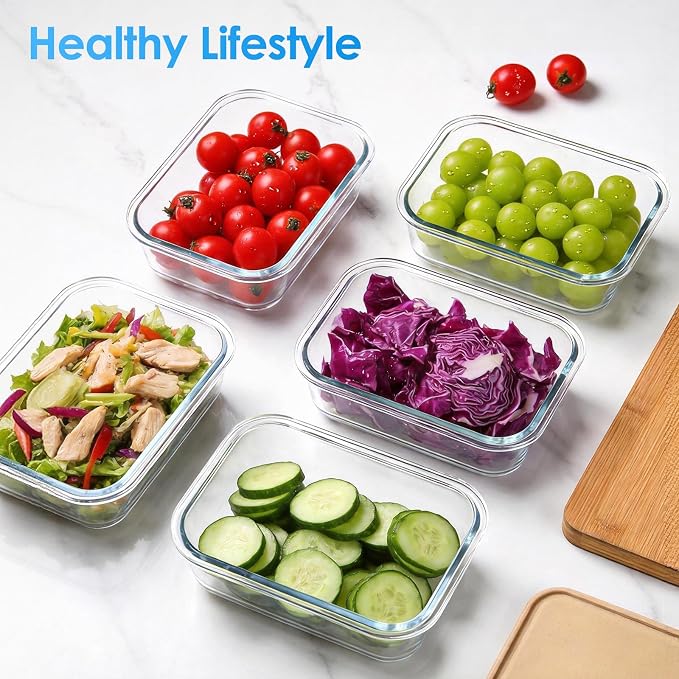 5 Pack 22 oz Glass Food Storage Containers with Lids, Grey | Glass Meal Prep Food Container Sets, Snap Airtight Lid, For Microwave, Oven, Freezer and Dishwasher, BPA Free