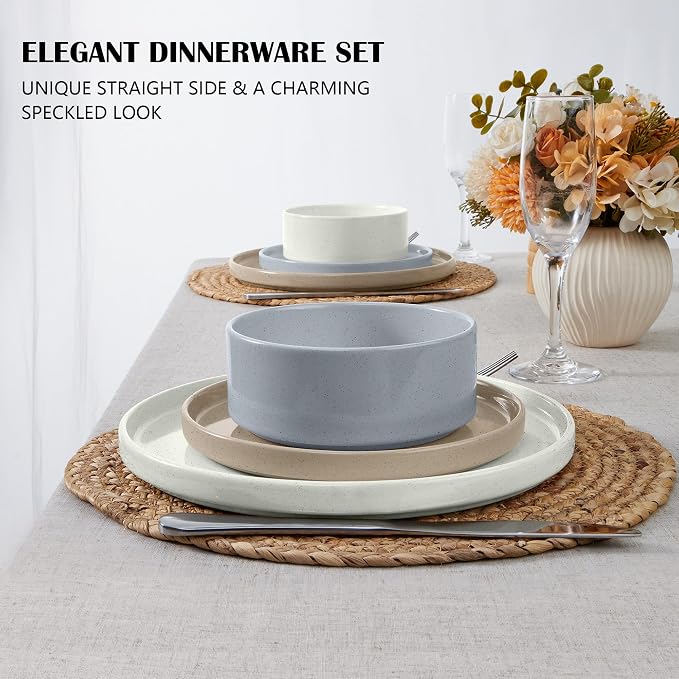 E-far Dinnerware Sets for 6, 18-Piece Stoneware Plates and Bowls Sets | Modern Kitchen Dining Dishware, Chip and Scratch Resistant, Microwave & Dishwasher Safe, Speckled Multicolor