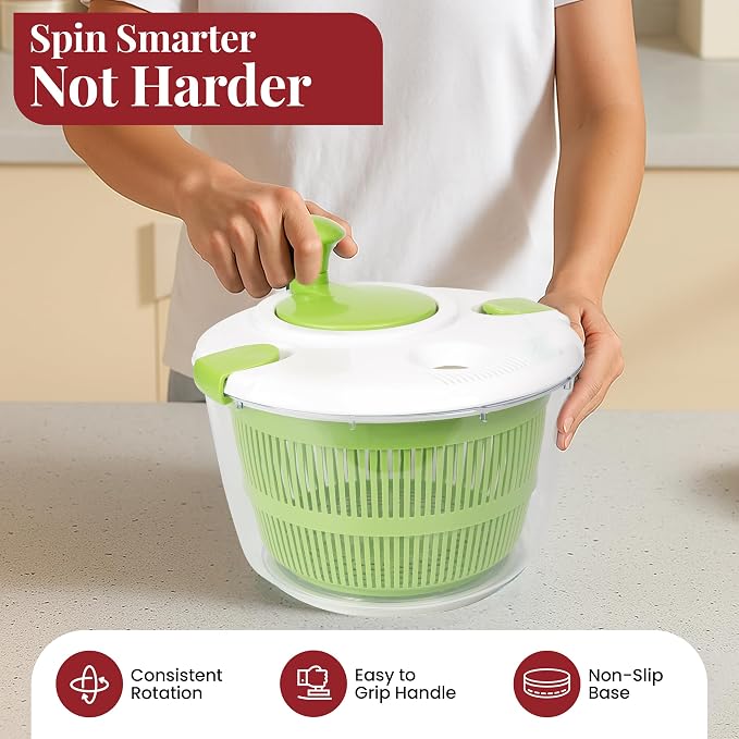 Salad Spinner | Spin & Dry Fruits, Vegetables & Greens Fast | Lettuce Washer with Dual Drain Holes | BPA-Free, Easy to Clean | 5.3 Quart Large Capacity