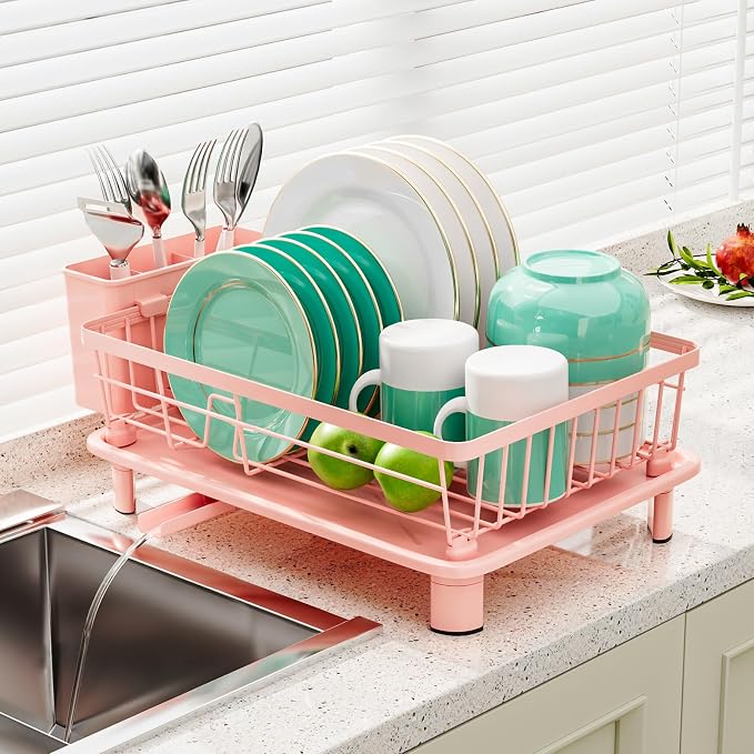 Dish Drying Rack, Stainless Steel-Dish Rack, Dish Racks for Kitchen Counter, Kitchen Dish Drainers with Removable Utensil Holder,New Drain Outlet,Plate Rack and Drainboard,(Pink-11 W x 15" L)