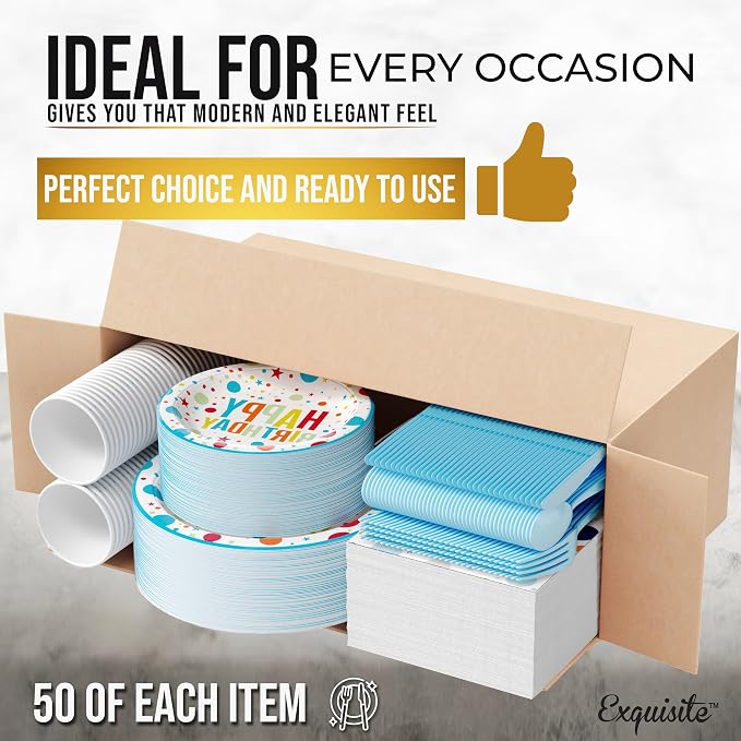 Exquisite 350 Pcs Blue Happy Birthday Plates and Napkins Set, Blue Birthday Plates Set, 50 Of Each 9" Dinner Plate, 7" Dessert Plate, 12 oz Cups, Napkins & Cutlery Plastic Dinnerware Set