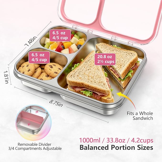 LOHASOK Stainless Steel Bento Lunch Box, 34oz/1000ml, Pink | 3-Compartment, Leak Proof, Lightweight, Clear Plastic Lid, for Kids Adults, BPA/BPS Free, Dishwasher Safe