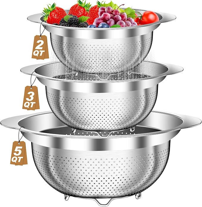 Colander, Stainless Steel Colander for Kitchen, 3Pcs Kitchen Gadget Food Strainer Basket with Handle, Kitchen Strainer Colanders Bowl for Pasta Noodles Spaghetti Vegetables Fruit (2QT, 3QT, 5QT)