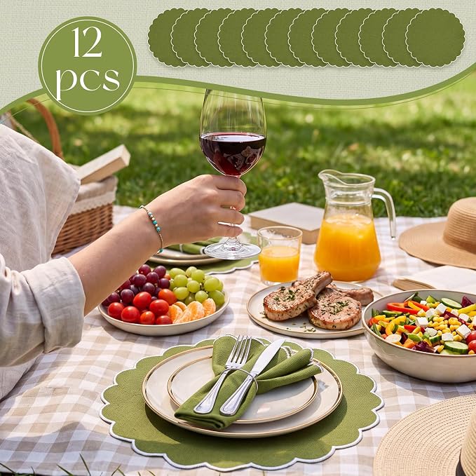 Set of 12 Olive Green Cotton Placemats 15 Inch Round Scalloped Embroidery Placemats Washable Double Layered Rustic Table Mat Fabric Napkins for Wedding Table Decor