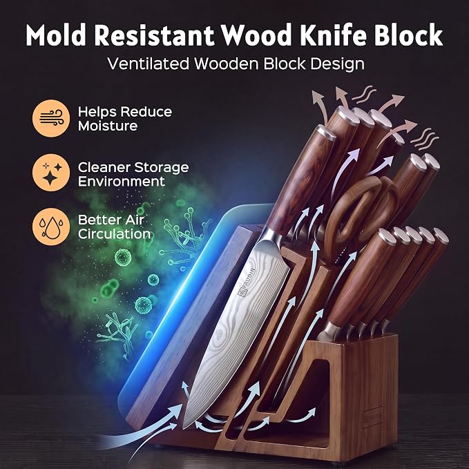 PAUDIN 16-Piece Kitchen Knife Set with Block, Built-in Sharpener, Ultra Sharp 5Cr15Mov Stainless Steel Chef Knives, Natural Wood Handles, Steak Knives, Scissors & Honing Rod, Complete Cutlery Set