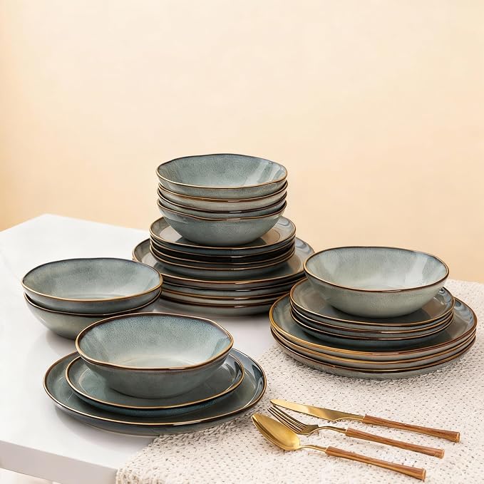 AmorArc Ceramic Dinnerware Sets for 6, 18Pcs Plates and Bowls Sets Dishes | Stoneware Handmade Reactive Glaze Dinner Set, Highly Scratch Resistant | Dishwasher & Microwave Safe Dishware