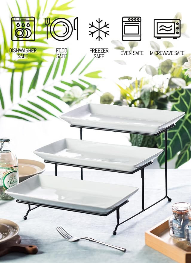 LYEOBOH 3 Tier Serving Tray, Tiered Serving Tray, Platters for Food Display | Tiered Serving Stand and Platters Set, 12 Inches Tier Serving Platter for Party, Dessert, and Cupcake, with Collapsible Rack