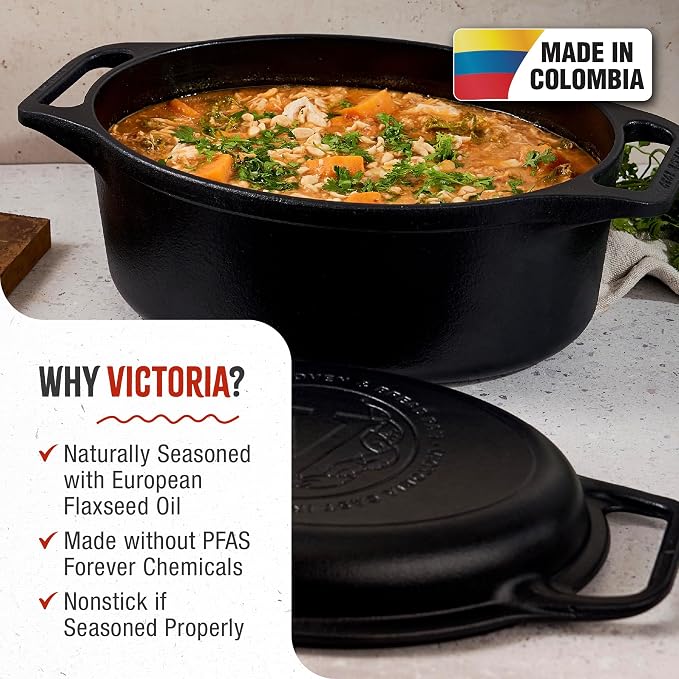 Victoria 6-Quart Cast Iron Oval Dutch Oven, Combination Combo Cooker Pot and Skillet, Bread Baker, Made in Colombia, 2-Piece Set | Combination Combo Cooker Pot and Skillet Lid, Bread Baker, Made in Colombia