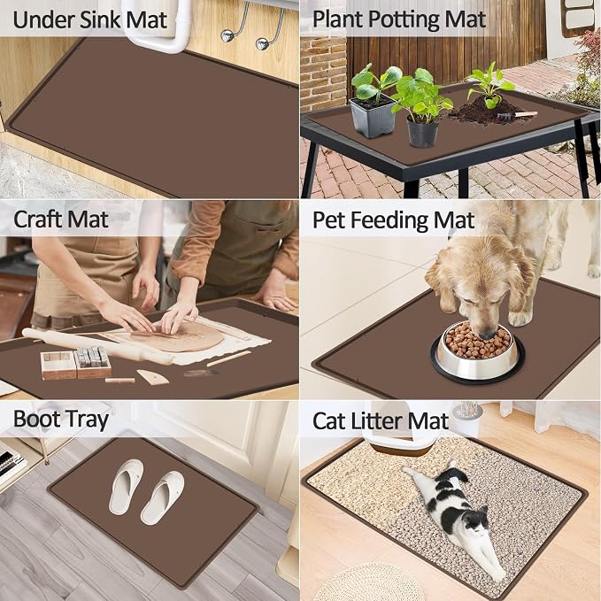 Silicone Coffee Maker Mat with Lip for Countertops, 19.7'' x 15'', Brown | Multi leak-proof coffee tray for countertop, non-slip silicone tray for under coffee machine espresso accessory, wipe-clean
