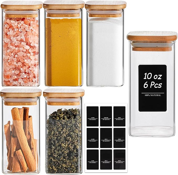 ComSaf Glass Spice Jars with Labels 10 oz 6 Pack Large Square Bamboo Lids | Empty Containers, Seasoning Herbs Powders, Salt Pepper Chili, Kitchen Cabinet Storage Starter Set, Dry Goods