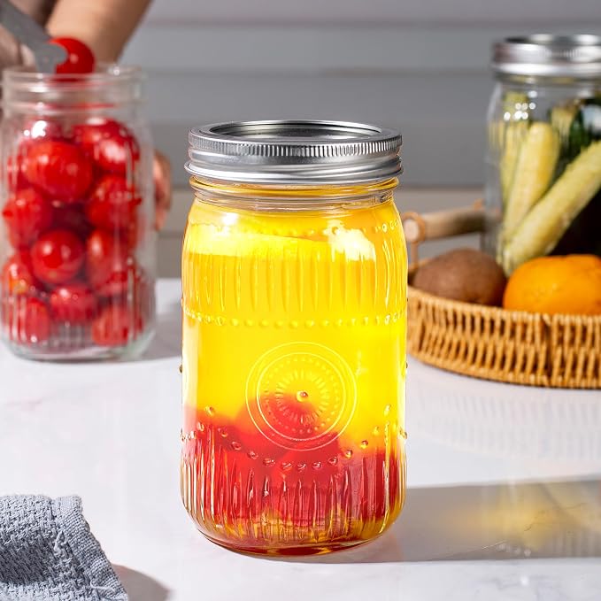 Amzcku 32 oz Vintage Mason Jars with Lids, Regular Mouth Canning Jar, Safe For Storage, Canning, Pickling, Preserving, Fermenting, DIY Crafts & Decor 4 Pack