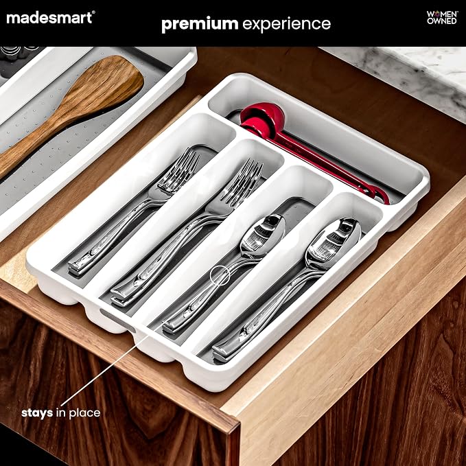 madesmart Classic 5 Compartment Compact Silverware Tray, White | non slip feet, rounded corners, branded icons, soft grip lining, forks knives spoons, flatware sorting, woman owned