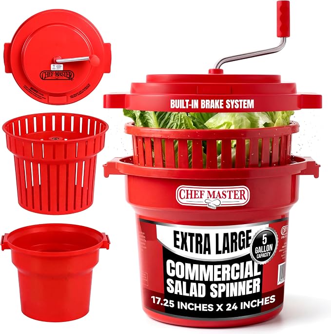 5 Gallon Chef Master Salad Spinner Dryer – Large Capacity, Economy Lettuce Spinner and Fruit Washer Bowl with Strainer - Sealed Gearbox - Fits 5-6 Heads of Lettuce - Durable Spinner Mechanism - 90008