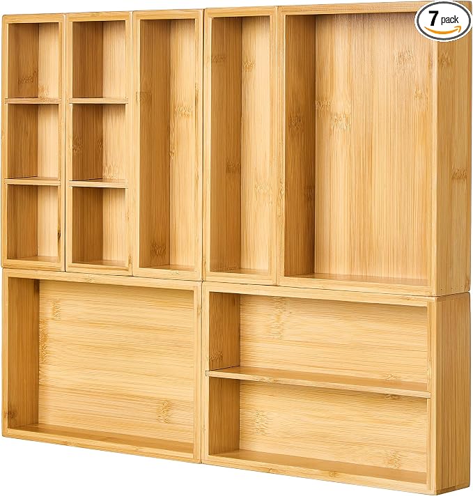 Vtopmart 7 Pack Bamboo Drawer Organizer Boxes, Junk Drawer Organizers | Natural Bamboo Storage Trays, Non-Slip Base, Kitchen Bathroom Office Vanity Drawers, Multi-Size Organizer Boxes, Makeup Tools