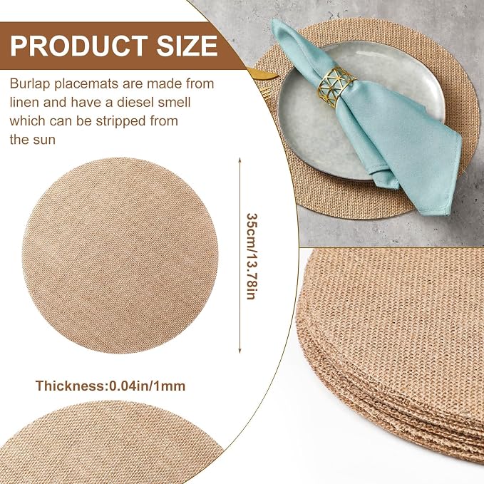100 Pieces Round Burlap Placemats Bulk 13.78 Inch Reusable Placemats Brown Table Mats Boho Circle Rustic Table Decorations for Wedding Fall Christmas Holiday Farmhouse Party Supplies