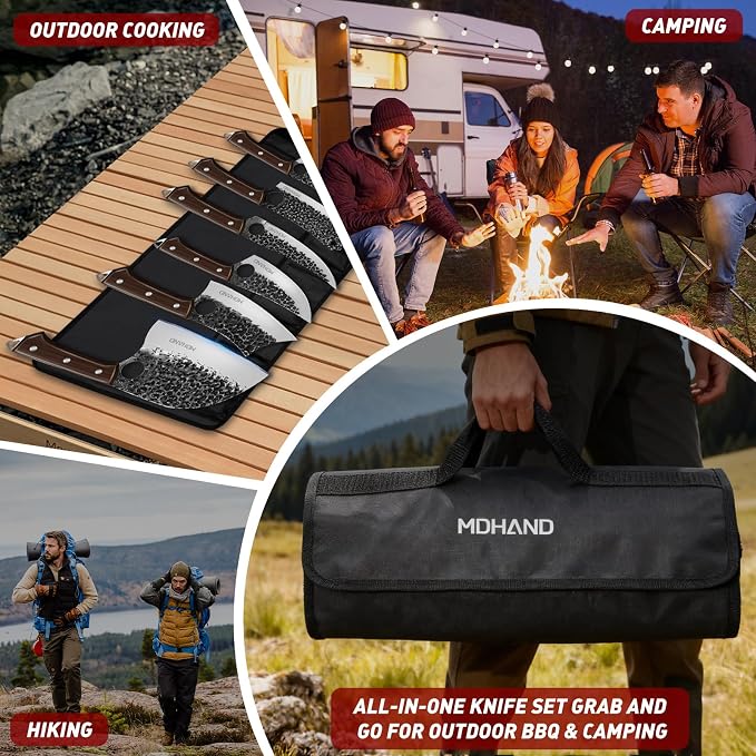 Butcher Knife Set, Serbian Chef Knife Set with Roll Bag Gift for Men | Hand Forged Full Tang 18PCS Kitchen Knife Set, Ebony Handle, High Carbon Steel Meat Cleaver for Brisket Trimming, Camping BBQ