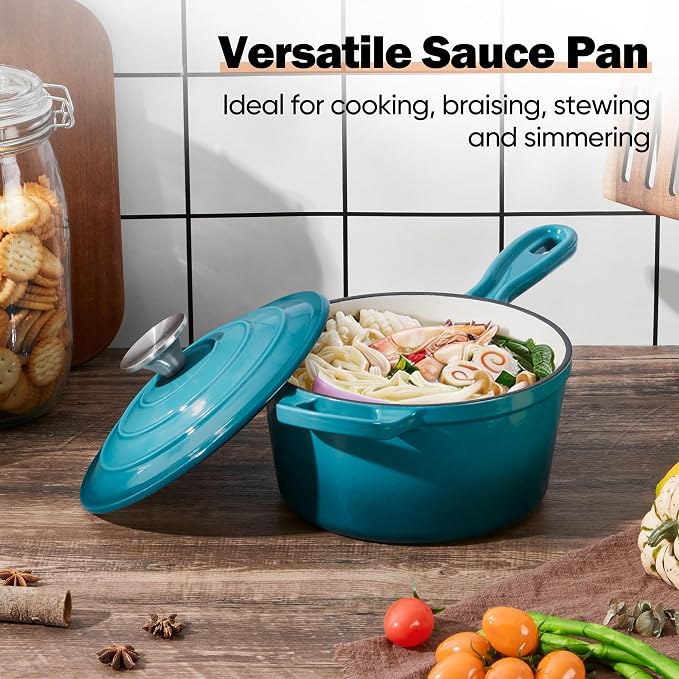Homikit Cast Iron Sauce Pan, 2 Quart Enameled Cast Iron Saucepan with Lid for All Cooktops, Small Pot Dutch Oven for Kitchen Cooking, Boiling, Nonstick & Heavy Duty, Teal Ombre
