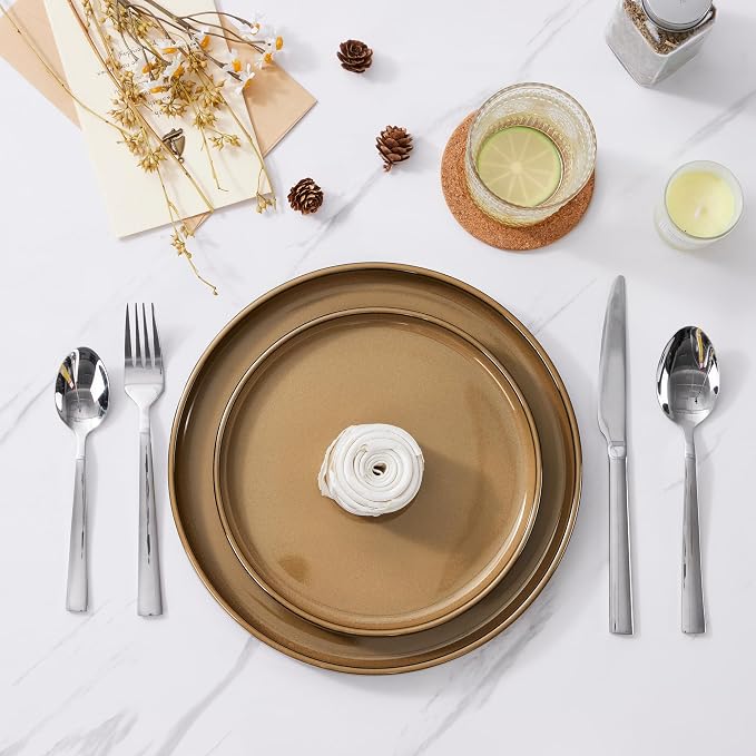 LIANYU Dinnerware Sets for 4, 12 Piece Modern Stoneware Dishes Set | Elegant Plate and Bowl, Ceramic Dining Dishware for Dinner, Rustic Terracotta Bottom, Microwave & Dishwasher Safe, Amber Gold