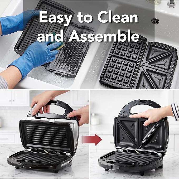 OVENTE Electric Sandwich, Panini and Waffle Maker Set, Black GPI202B | 3 Removable Non-Stick Plates, 750 Watts, Perfect for Grilled Cheese, Tuna Melts, Burgers, Steaks and Snacks