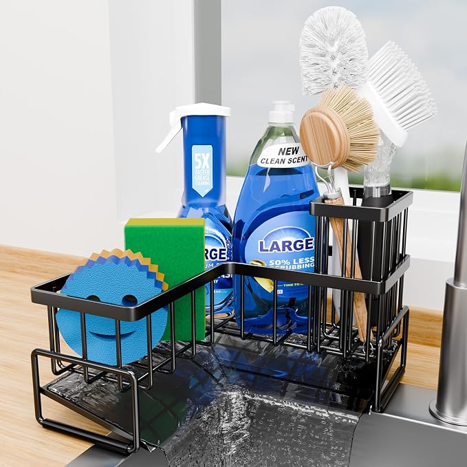 Fikoksol Large Sponge Holder for Kitchen Sink, 90-Degree Sink Caddy Storage | Self Draining Sponge Rack for Countertop, Metal L-Shaped Dish Soap Organizer with Brush Holder, Corner Sink Storage Ideas