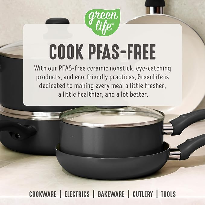 GreenLife 2 Piece (8" & 10") Ceramic Nonstick Skillet Set, Graphite Black | PFAS-Free Nonstick Coating, Frying Pans, Omelet Pans, Everyday Pan, Induction Ready, All Stovetop Compatible, Dishwasher Safe